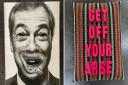 Matt Littler's image of Nigel Farage and Dave Buonaguidi's Tube cushion are among 250 artworks at Inky Fingers gallery urging Londoners to vote