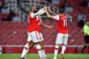 Arsenal's Alexandre Lacazette (left) celebrates scoring his side's first goal