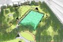 An artist's impression of what Barnard Park could look like in the revamp, with the smaller nine-a-side football pitch repositioned diagonally, resulting in the destruction of a plane tree
