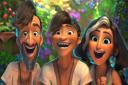 Phil Betterman (Peter Dinklage), Guy (Ryan Reynolds) and Hope Betterman (Leslie Mann) in DreamWorks Animation's The Croods: A New Age.