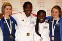 (l-r) Chloe Dixon, Leah King, Ayesha Fihosy and Katie Smith with their fencing individual foil medals