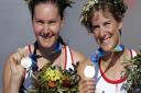 Great Britain's Cath Bishop (left) and Katherine Grainger celebrate with their silver medals after finishing second in the Women's Pair's rowing final during the 2004 Olympic Games