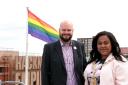 Mayor Glanville and speaker Soraya Adejare after hoisting the flag at Hackney Town Hall.
