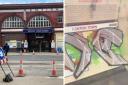 Outside Kentish Town station and a screengrab from a video shared by @KentishCyclist showing the graffiti