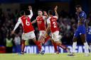 Declan Rice celebrates scoring for Arsenal at Chelsea