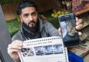 Nisa in Islington had its pet cat Bella stolen. 
Pictured, shop owner Haseeb Kashmiri with a photograph of Bella and a 'missing' poster. Picture: Nigel Sutton