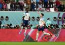 Bukayo Saka celebrates scoring England's second goal against Iran at the World Cup