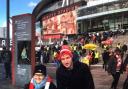 Arsenal fan, Louise Higgs, with her cousin, Tim, outside the Emirates Stadium