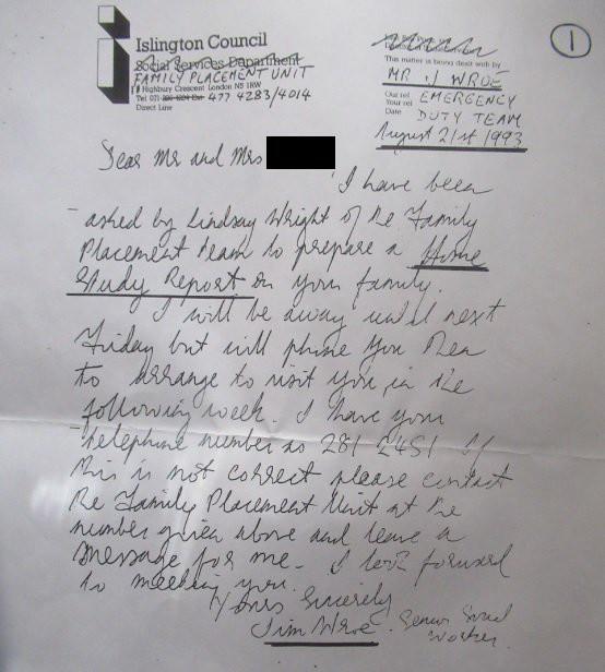 Islington Gazette: In 1993 Jim Wroe sent her a letter of introduction explaining he had been tasked with processing her adoption application. Islington Gazette: In 1993 Jim Wroe sent her a letter of introduction explaining he had been tasked with processing her adoption application.