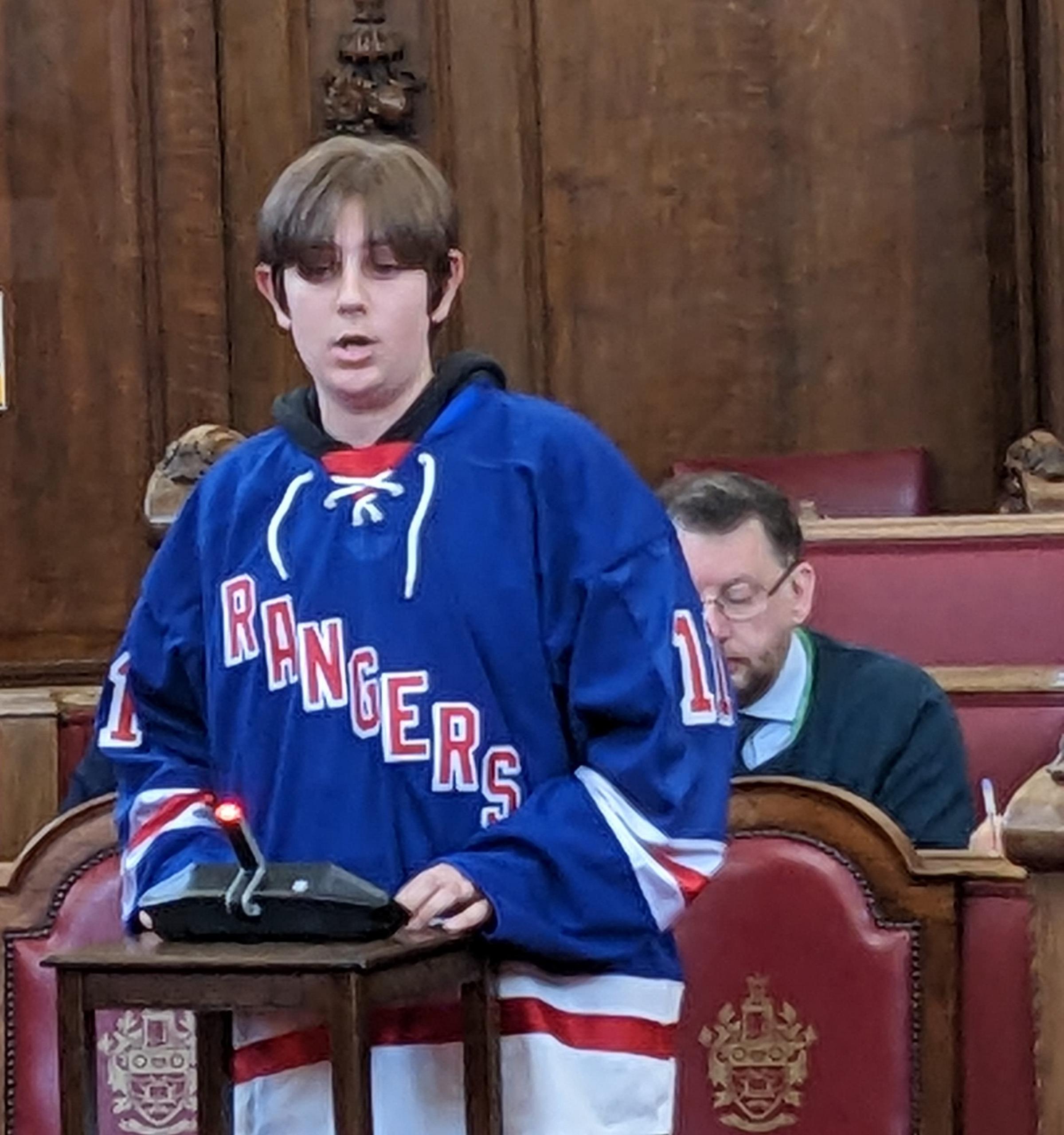Dylan Brookner, from Lea Valley Lions, aged 12, addresses Islington executive over futue of Sobell ice rink , pic Julia Gregory, free for user by partners of BBC news wire service