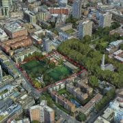 An aerial view of the Finsbury Leisure Centre site with the boundary outlined in red