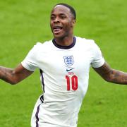 England's Raheem Sterling celebrates scoring the first goal in the 2-0 win against Germany.