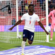 England's Bukayo Saka celebrates scoring their side's first goal of the game during the International Friendly at The Riverside Stadium, Middlesbrough. Picture date: Wednesday June 2, 2021.