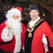 The mayor of Islington with Santa Clause at a Christmas lights switch-on at 250 City Road