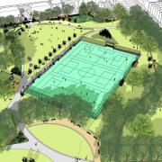 An artist's impression of what Barnard Park could look like in the revamp, with the smaller nine-a-side football pitch repositioned diagonally, resulting in the destruction of a plane tree