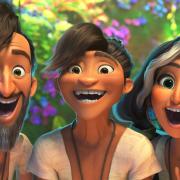 Phil Betterman (Peter Dinklage), Guy (Ryan Reynolds) and Hope Betterman (Leslie Mann) in DreamWorks Animation's The Croods: A New Age.