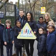 Pupils and staff at St John Evangelist Catholic Primary School, which has Islington's first School Street, with Cllr Claudia Webbe. Picture: Steve Bainbridge