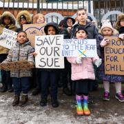 Children protest against proposed cuts to Laycock Primary School's deaf unit in December 2022