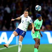 England's Lucy Bronze competes for a header against Nigeria